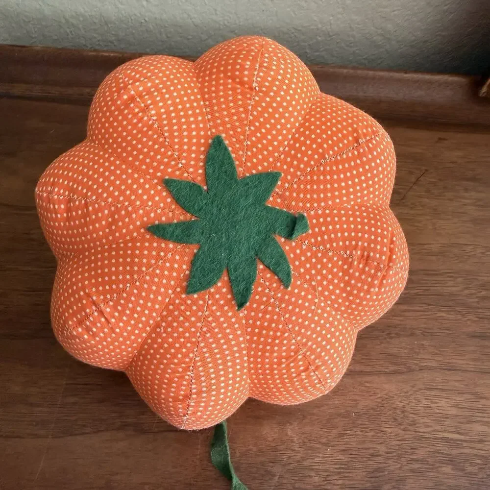 Homemade Pumpkin Throw Pillow Orange Green White Polka Dot 6 in